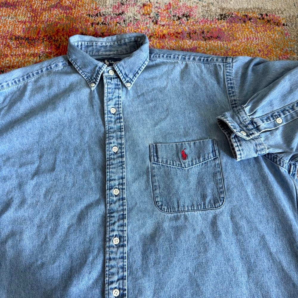 Vintage Ralph Lauren BIG SHIRT Light Wash Denim Button Down Shirt Mens Large